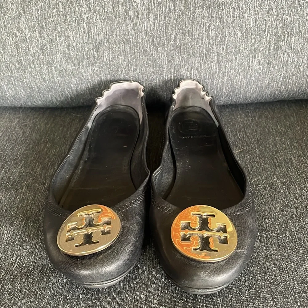 Tory Burch Minnie travel ballerinas gold logo US 6,5 black leather flats